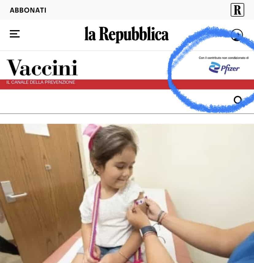 Vaccini: canale della prevenzione di Repubblica, lo sponsor è Pfizer..