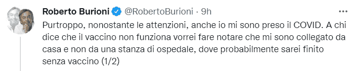 Tweet Roberto Burioni positivo al Covid-19