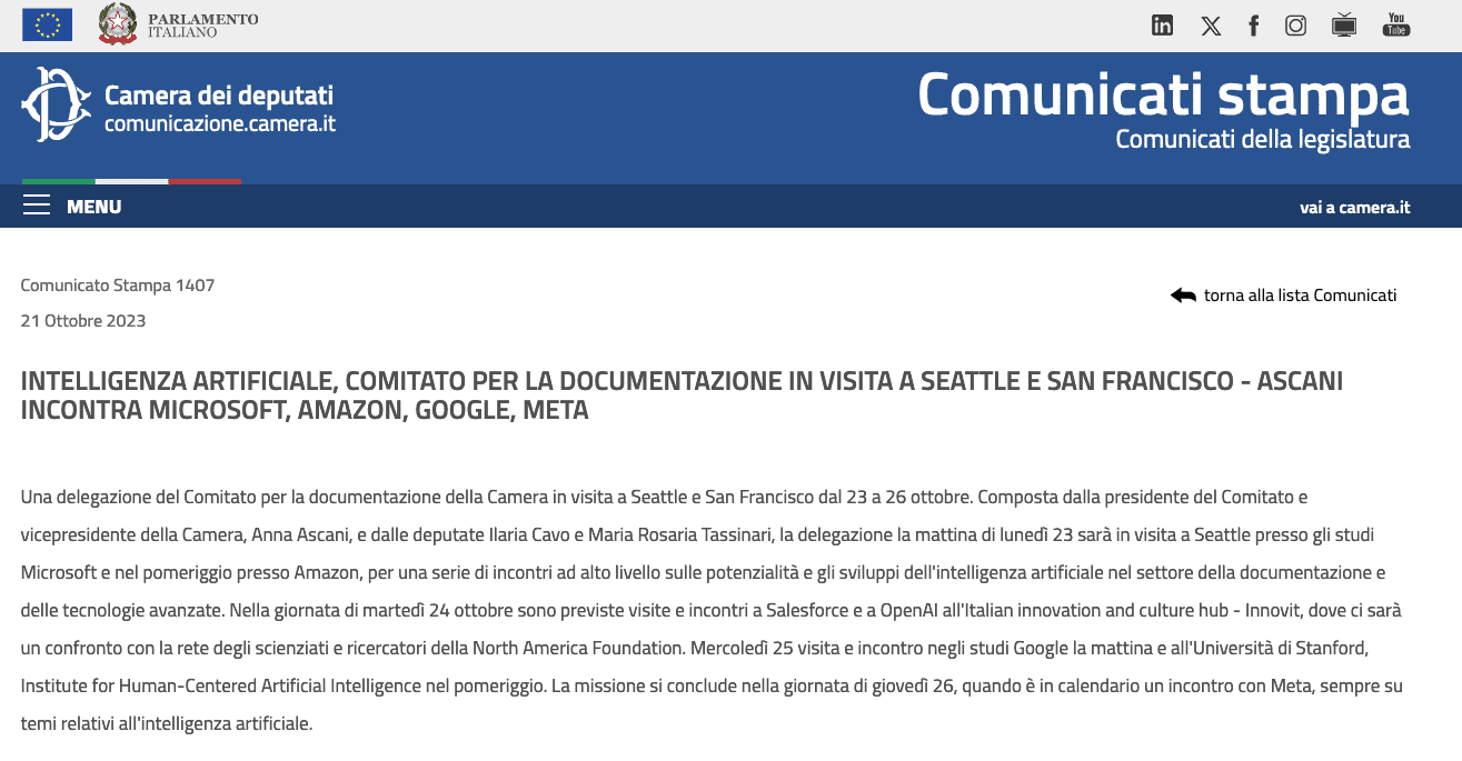 Comunicato Stampa 1407 del 21 0tt 2023 Camera Deputati