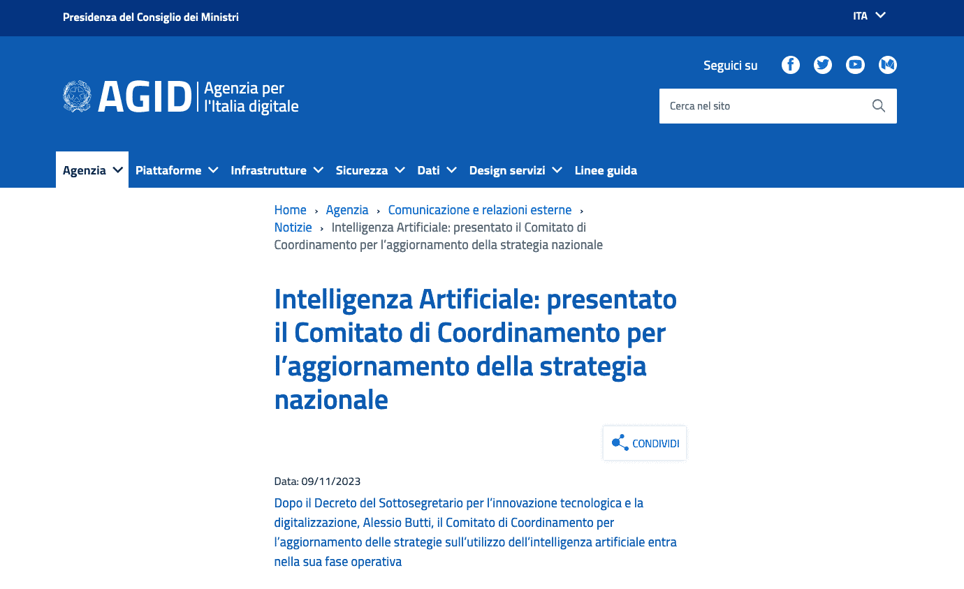 Pagina internet AGID Comitato di Coordinamento per l'aggiornamento della strategia nazionale