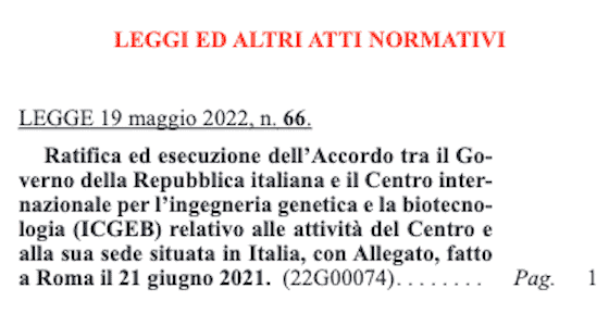 Legge 19 maggio 2022 n.66 ICGEB in tema di Biolaboratori