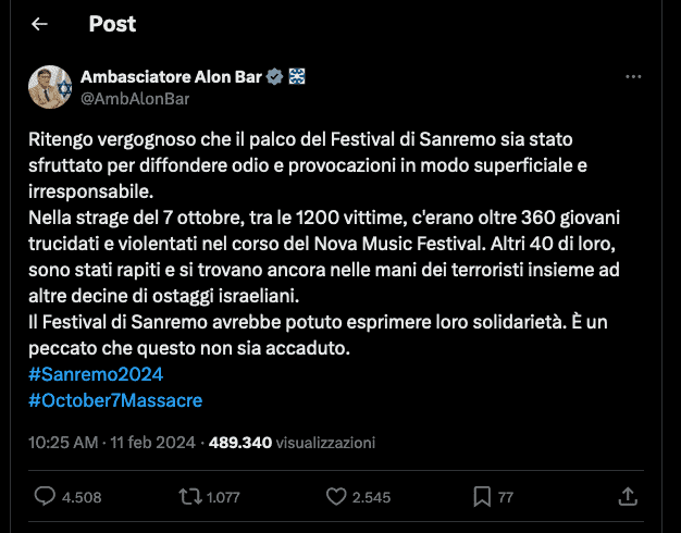 Post su X dell'ambasciatore Alon Bar