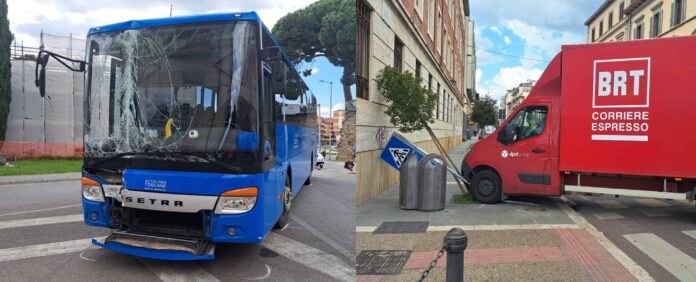 Scontro pullman furgone via Petrarca Arezzo
