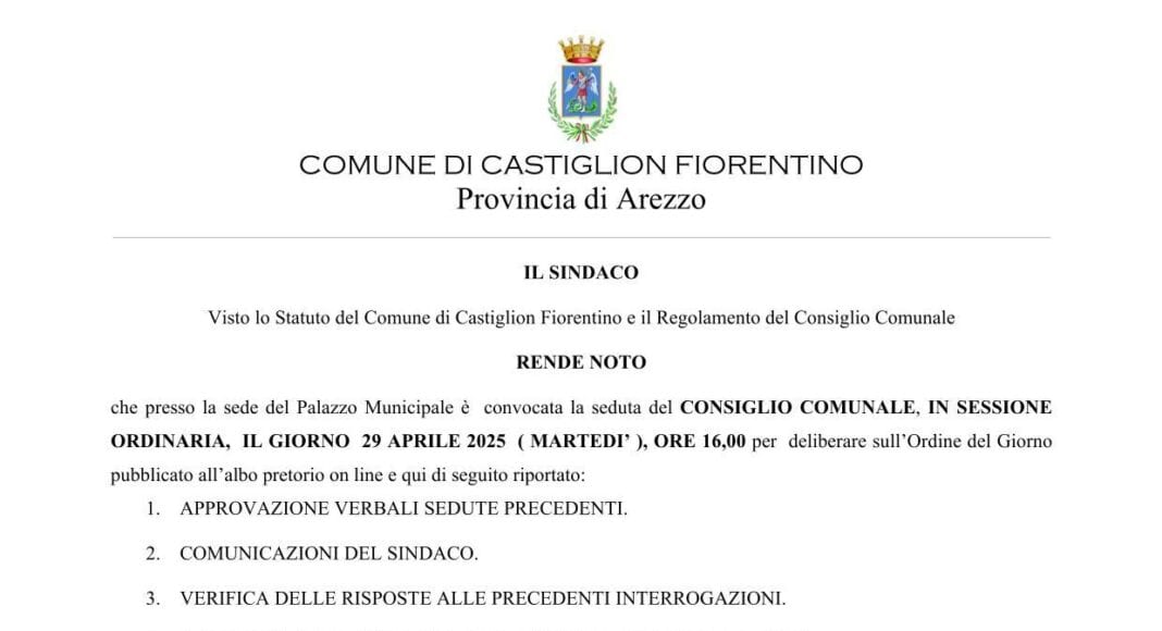 Castiglion Fiorentino: consiglio comunale domani ore 16.00