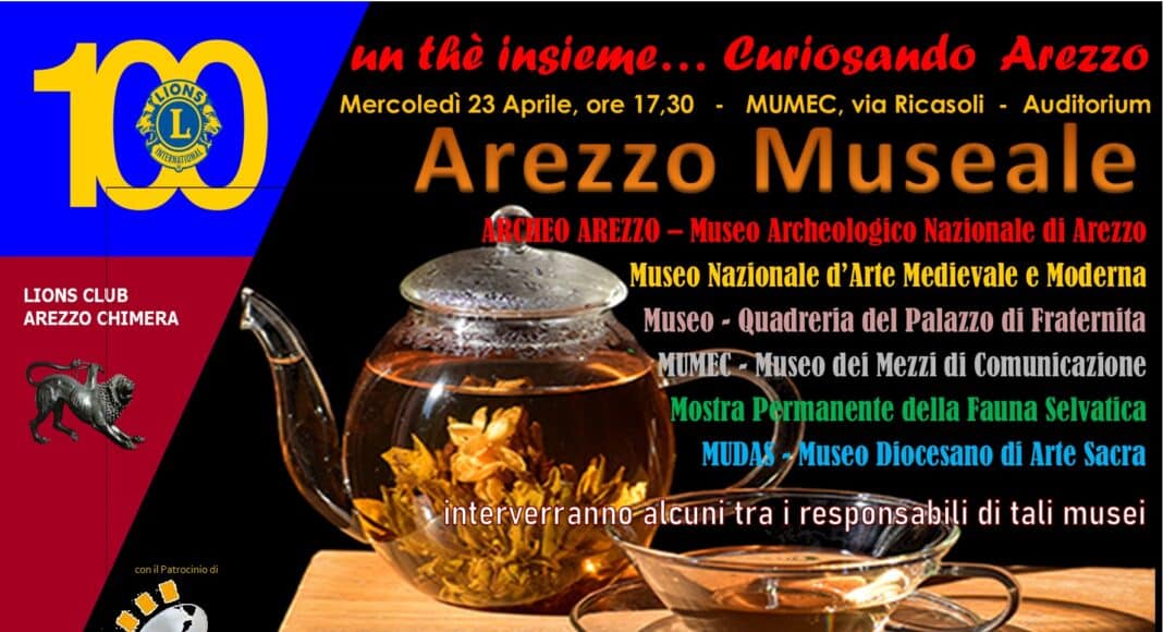 Locandina dell’evento Curiosando Arezzo dedicato ai musei, 23 aprile 2025, Auditorium MUMEC, Arezzo, promozione cultura e storia locale