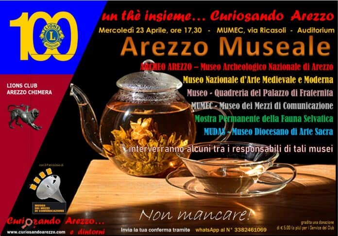 Locandina dell’evento Curiosando Arezzo dedicato ai musei, 23 aprile 2025, Auditorium MUMEC, Arezzo, promozione cultura e storia locale